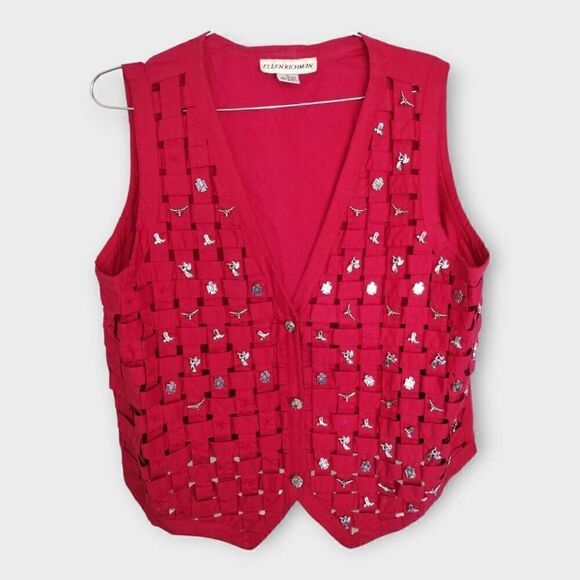 Ellen Richman Womens Vest Sz XL Red Silver Charms Woven Button From Cotton Vtg - Picture 5 of 9